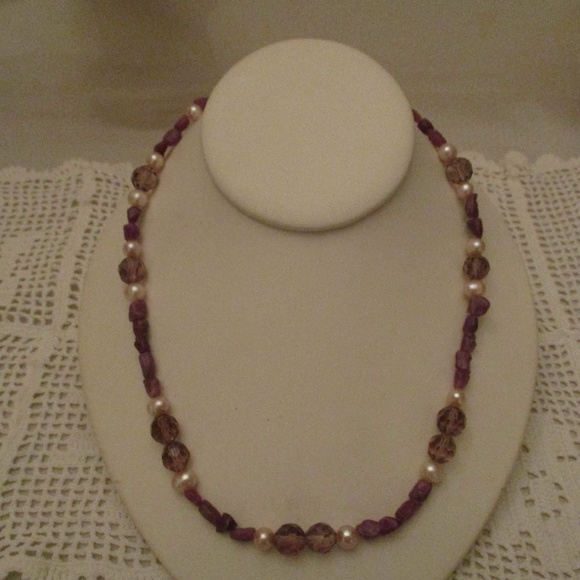 PEARL AMETHYST CRYSTAL STERLING SILVER NECKLACE - Picture 2 of 8